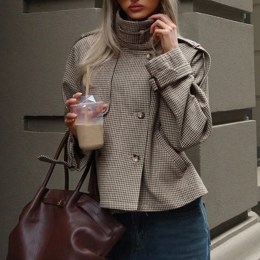 Khaki Chic Women's Loose Houndstooth Jacket